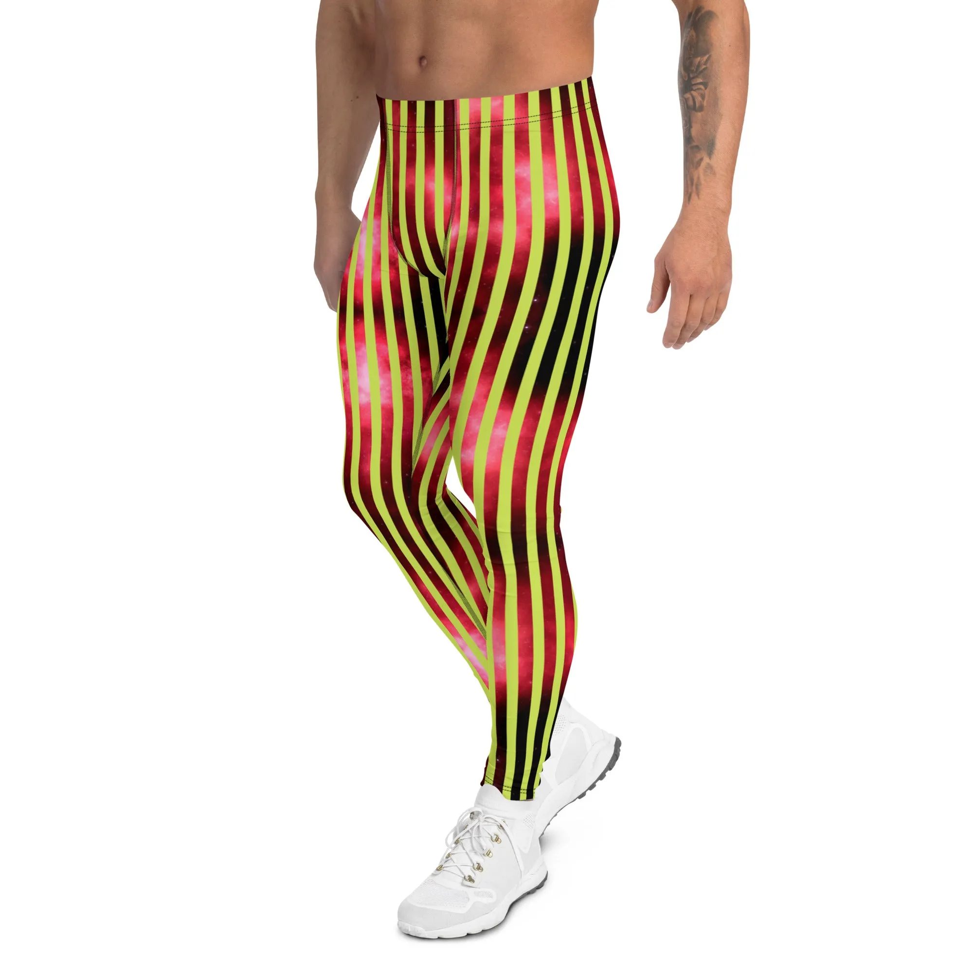 Red Green Striped Men's Leggings, Abstract Vertical Striped Meggings Compression Tights For Men- Made in USA/EU/MX