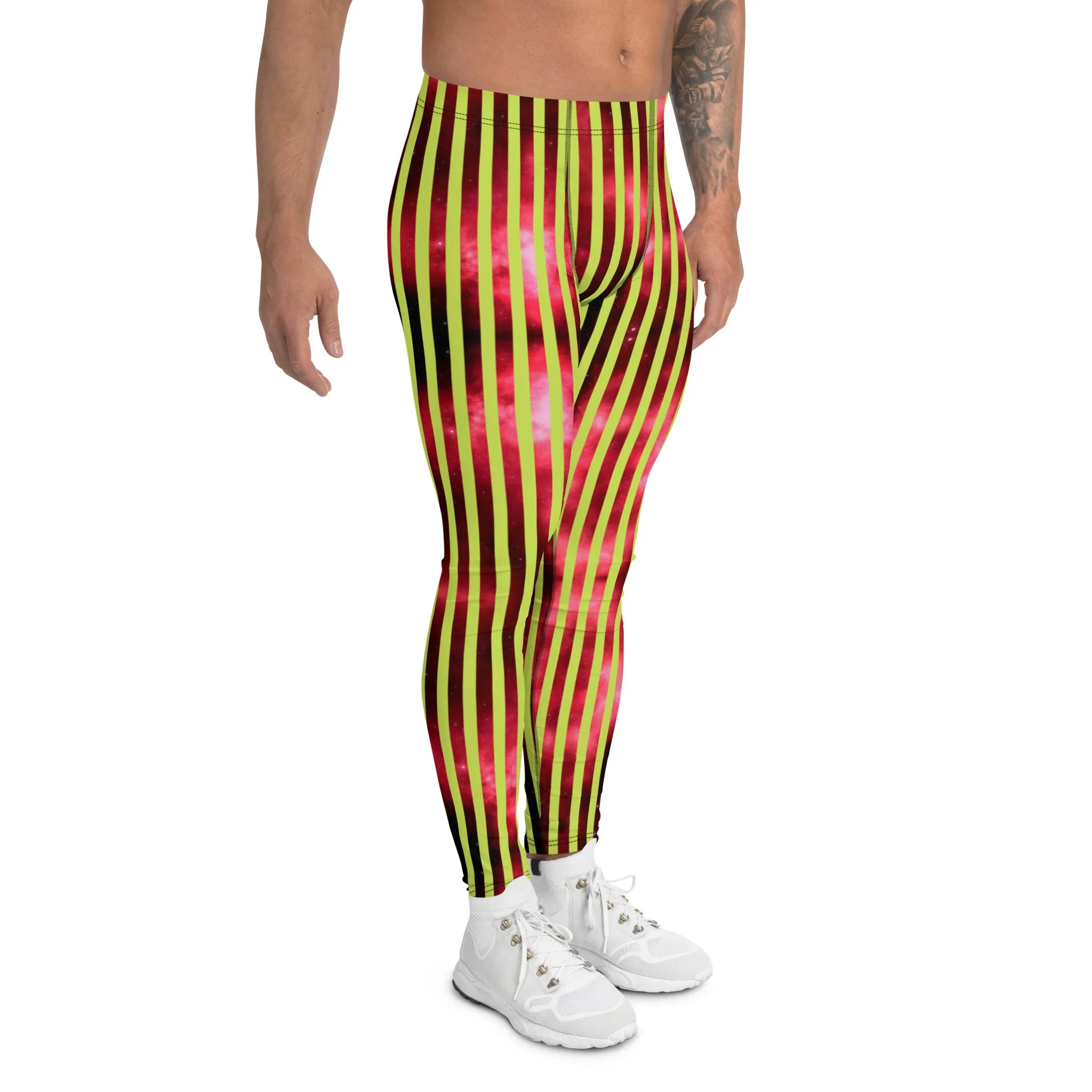 Red Green Striped Men's Leggings, Abstract Vertical Striped Meggings Compression Tights For Men- Made in USA/EU/MX