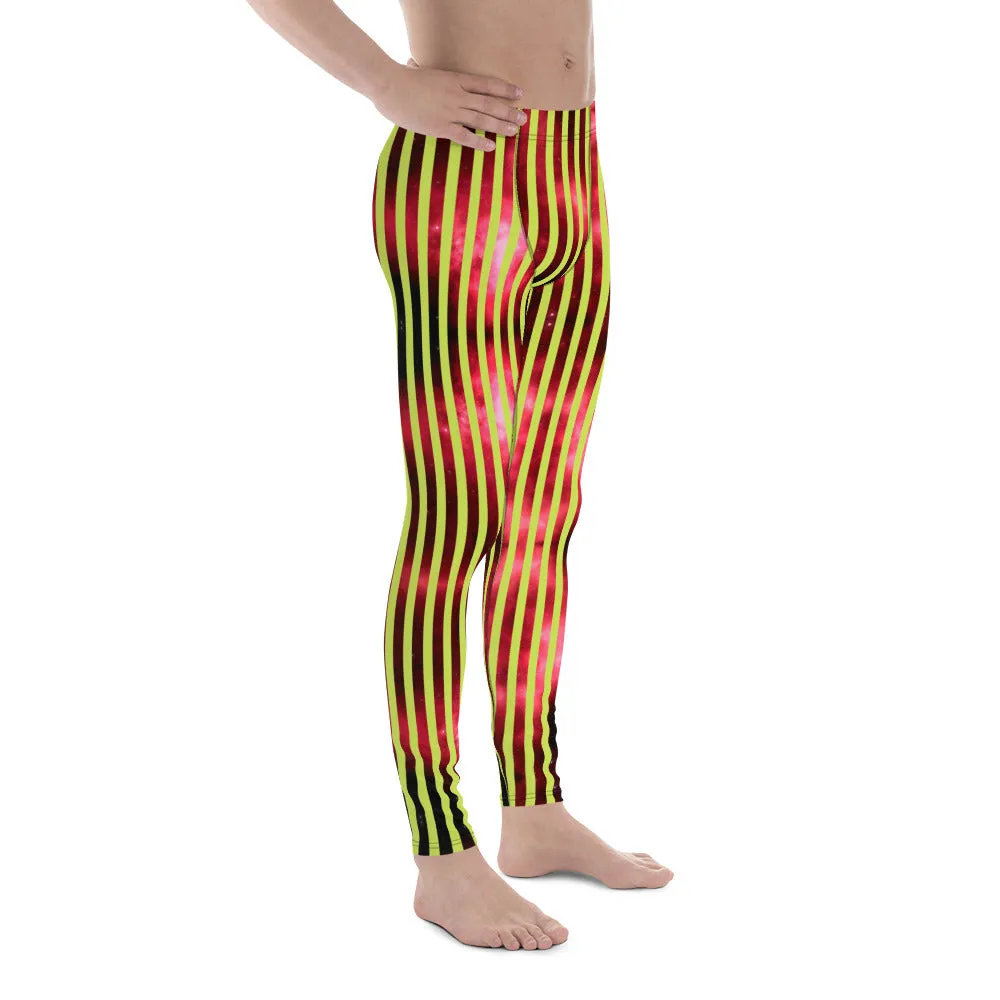 Red Green Striped Men's Leggings, Abstract Vertical Striped Meggings Compression Tights For Men- Made in USA/EU/MX