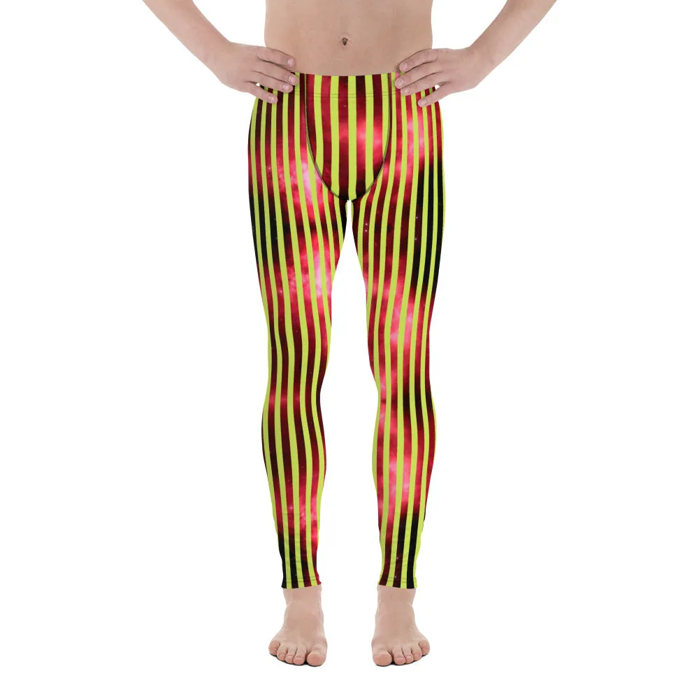 Red Green Striped Men's Leggings, Abstract Vertical Striped Meggings Compression Tights For Men- Made in USA/EU/MX