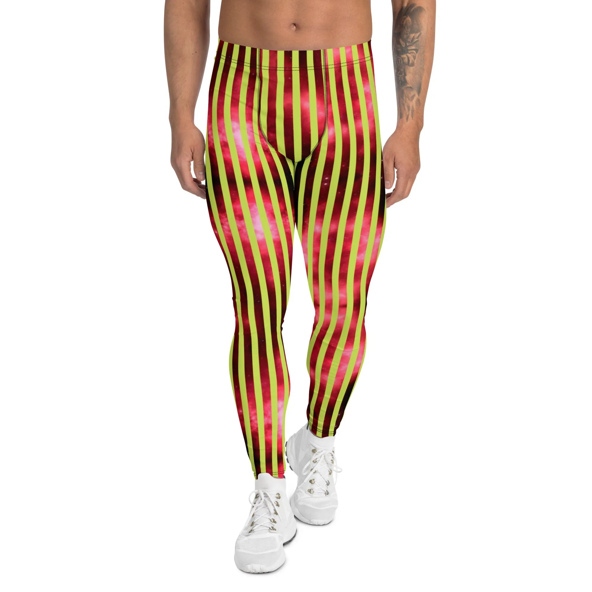 Red Green Striped Men's Leggings, Abstract Vertical Striped Meggings Compression Tights For Men- Made in USA/EU/MX