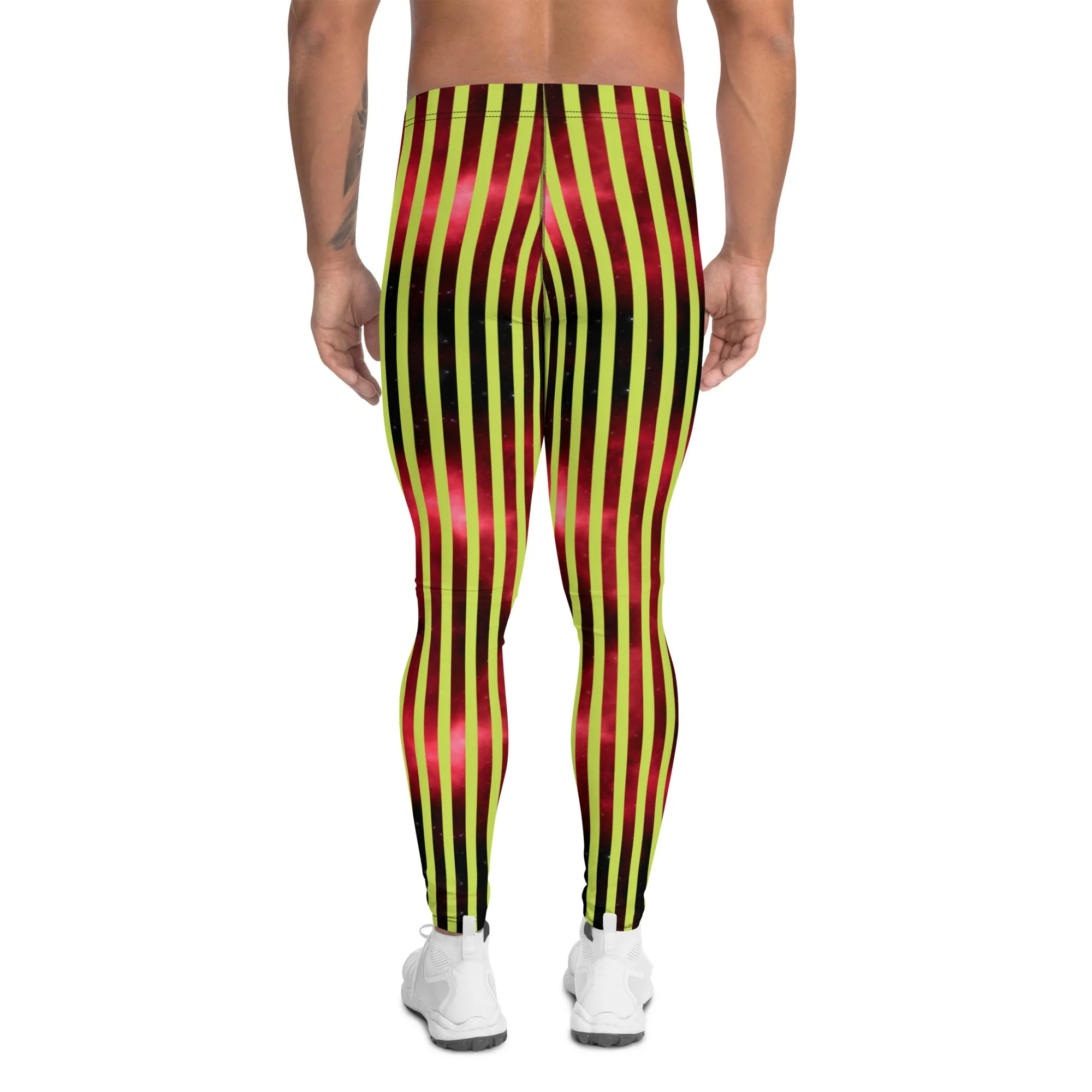 Red Green Striped Men's Leggings, Abstract Vertical Striped Meggings Compression Tights For Men- Made in USA/EU/MX