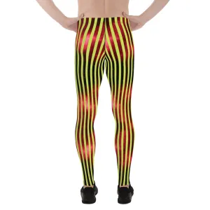 Red Green Striped Men's Leggings, Abstract Vertical Striped Meggings Compression Tights For Men- Made in USA/EU/MX