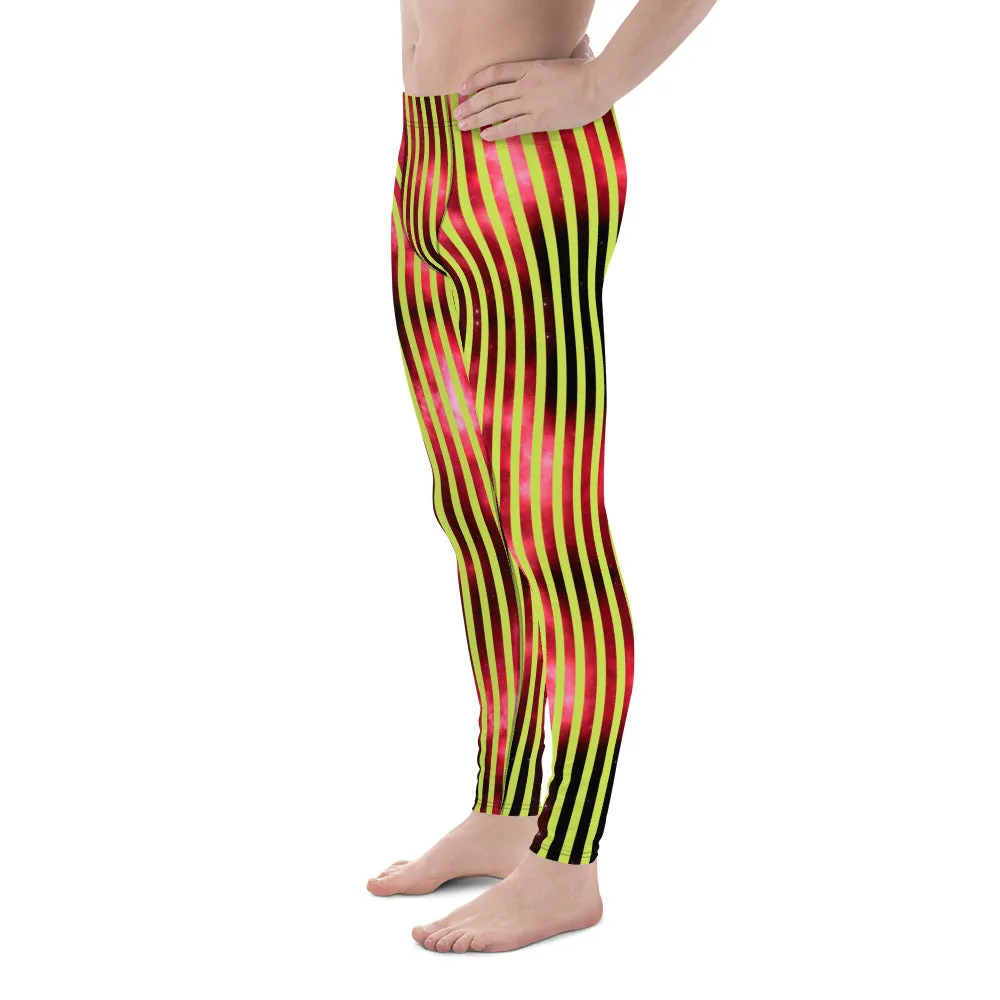 Red Green Striped Men's Leggings, Abstract Vertical Striped Meggings Compression Tights For Men- Made in USA/EU/MX