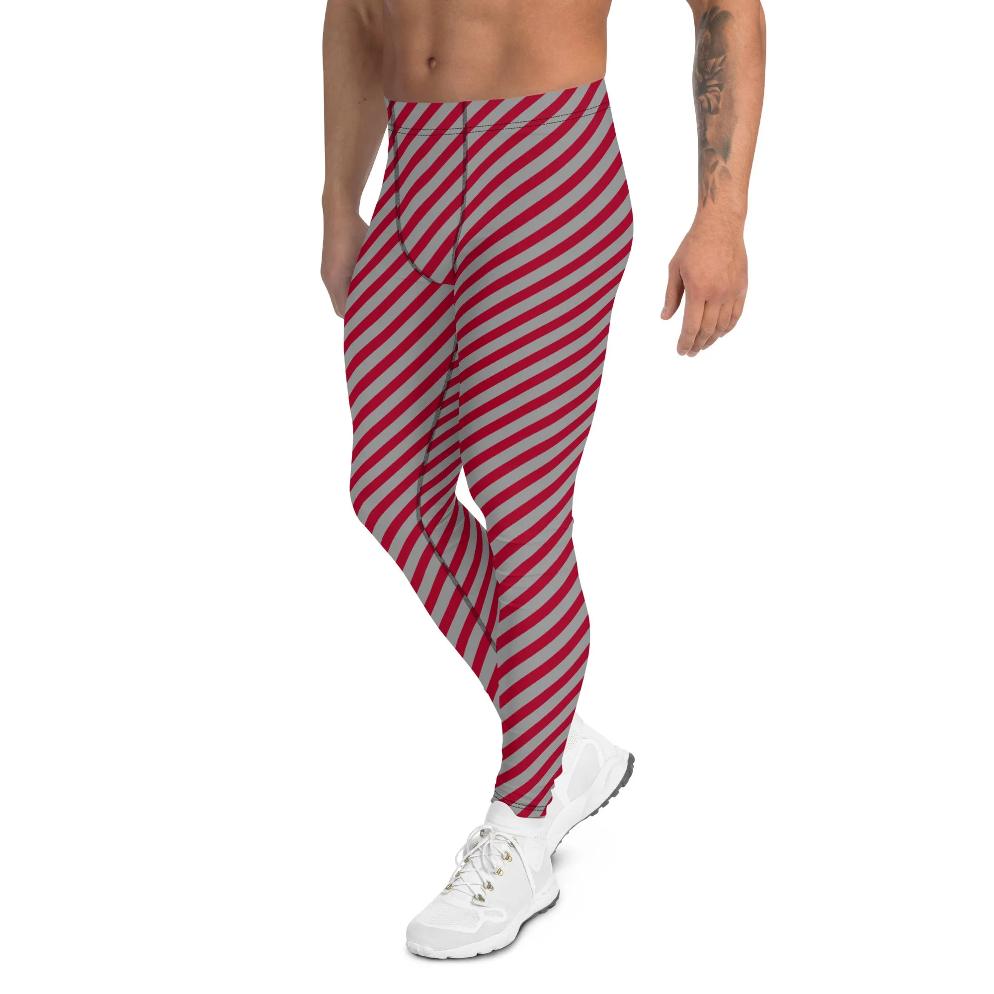 Red Grey Diagonal Striped Meggings, Colorful Best Compression Tights For Men - Made in USA/EU/MX