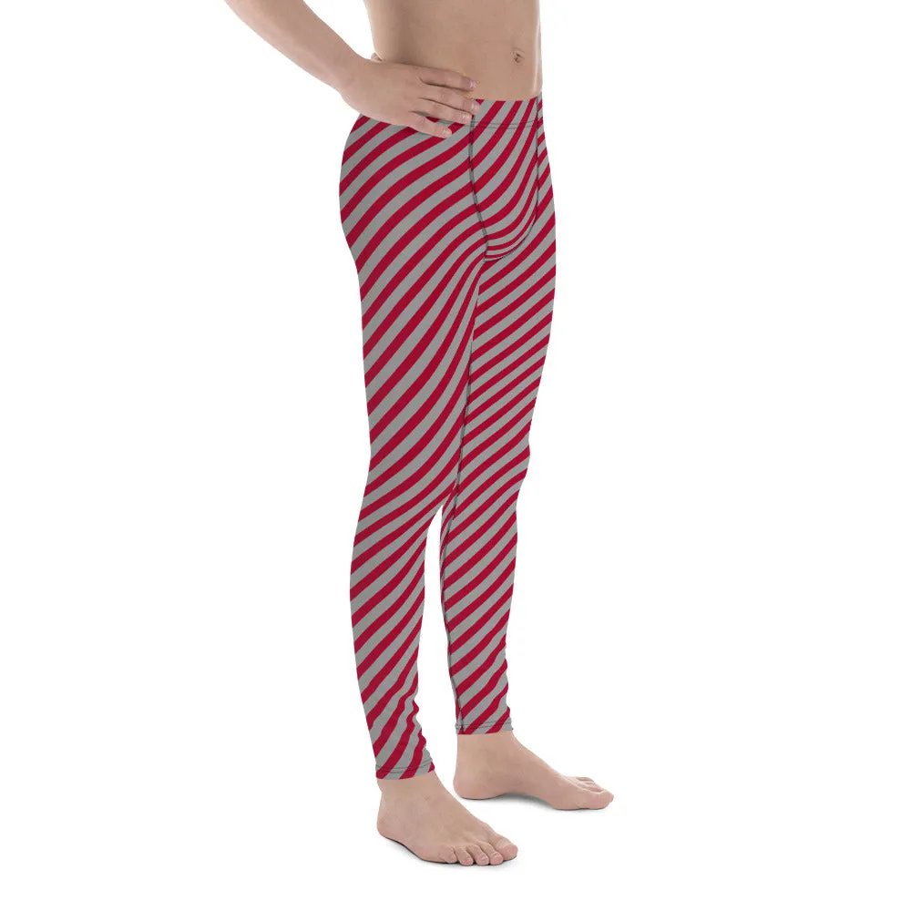 Red Grey Diagonal Striped Meggings, Colorful Best Compression Tights For Men - Made in USA/EU/MX