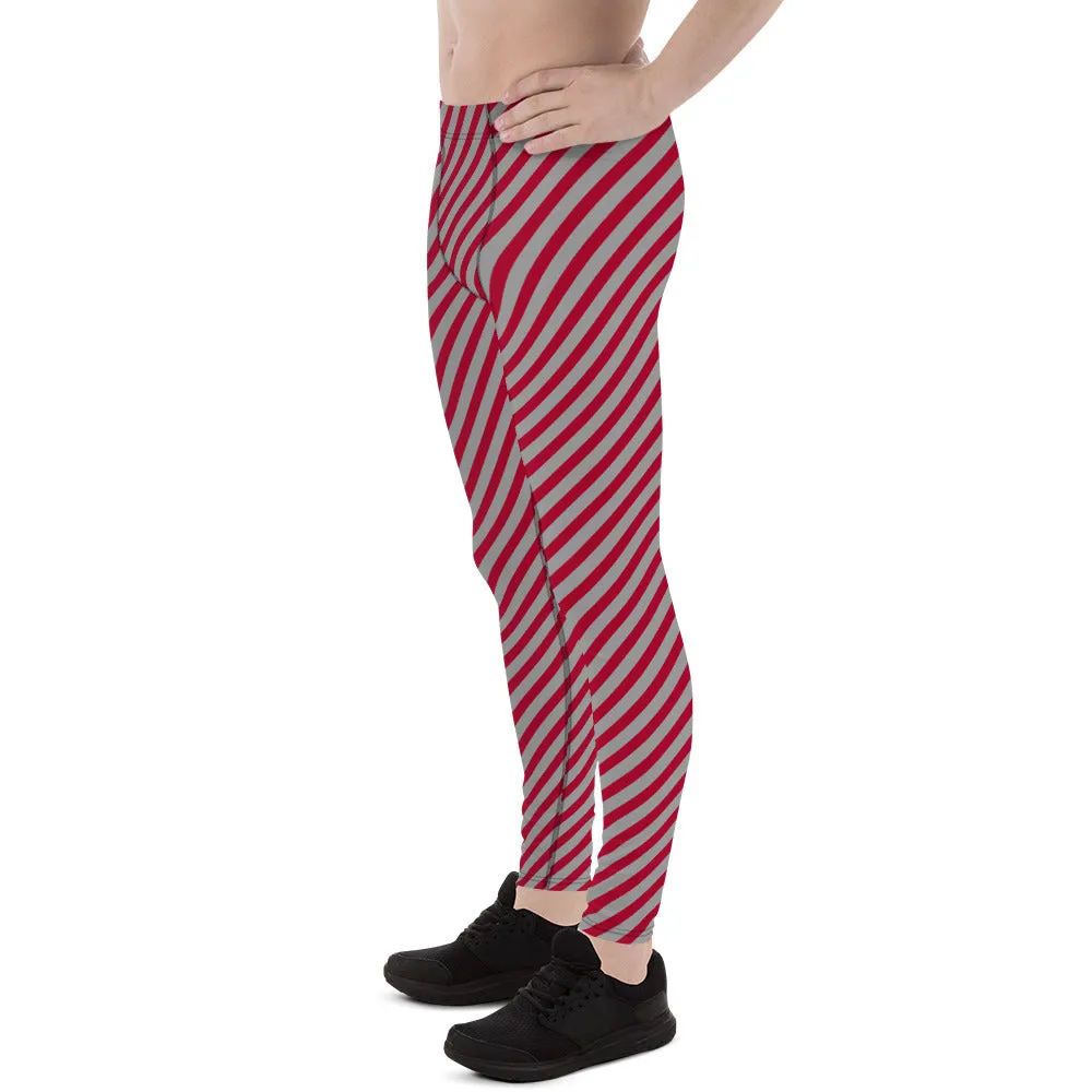 Red Grey Diagonal Striped Meggings, Colorful Best Compression Tights For Men - Made in USA/EU/MX