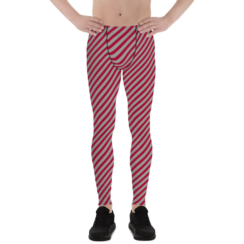 Red Grey Diagonal Striped Meggings, Colorful Best Compression Tights For Men - Made in USA/EU/MX