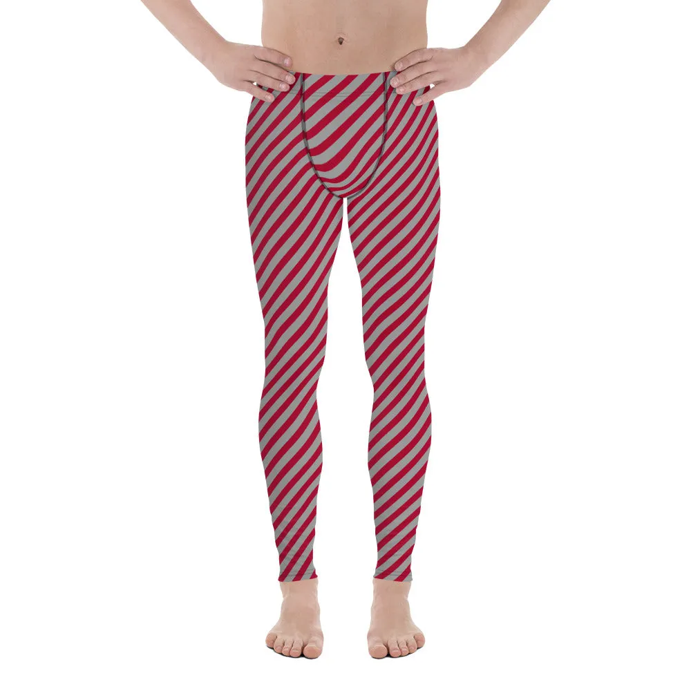 Red Grey Diagonal Striped Meggings, Colorful Best Compression Tights For Men - Made in USA/EU/MX