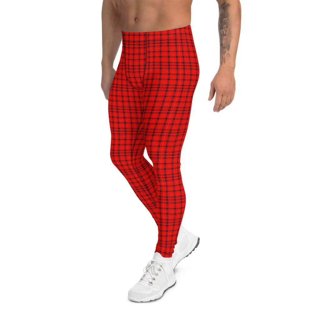 Red Plaid Men's Leggings, Tartan Print Meggings Compression Run Tights-Made in USA/EU