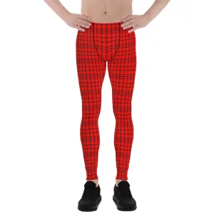 Red Plaid Men's Leggings, Tartan Print Meggings Compression Run Tights-Made in USA/EU