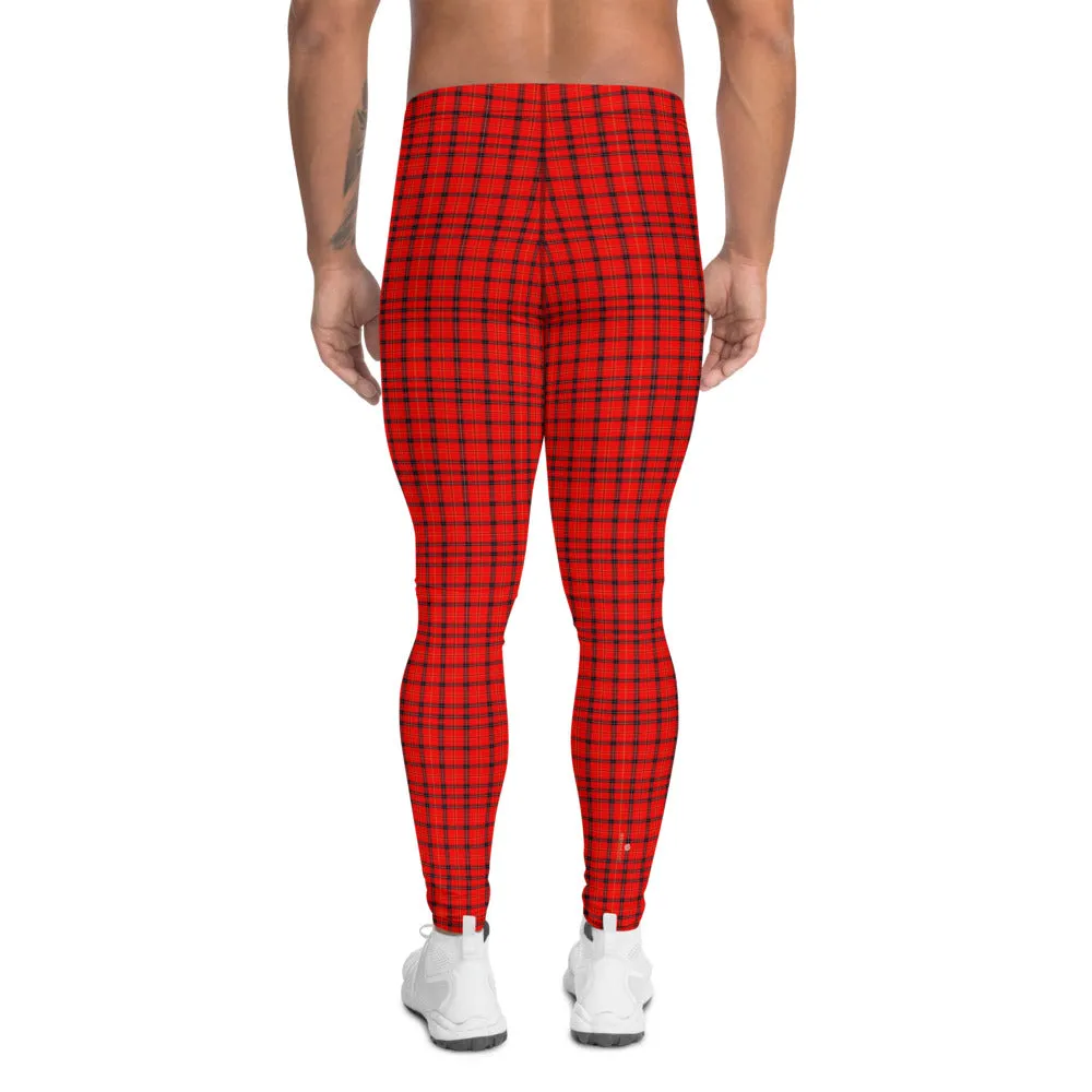 Red Plaid Men's Leggings, Tartan Print Meggings Compression Run Tights-Made in USA/EU