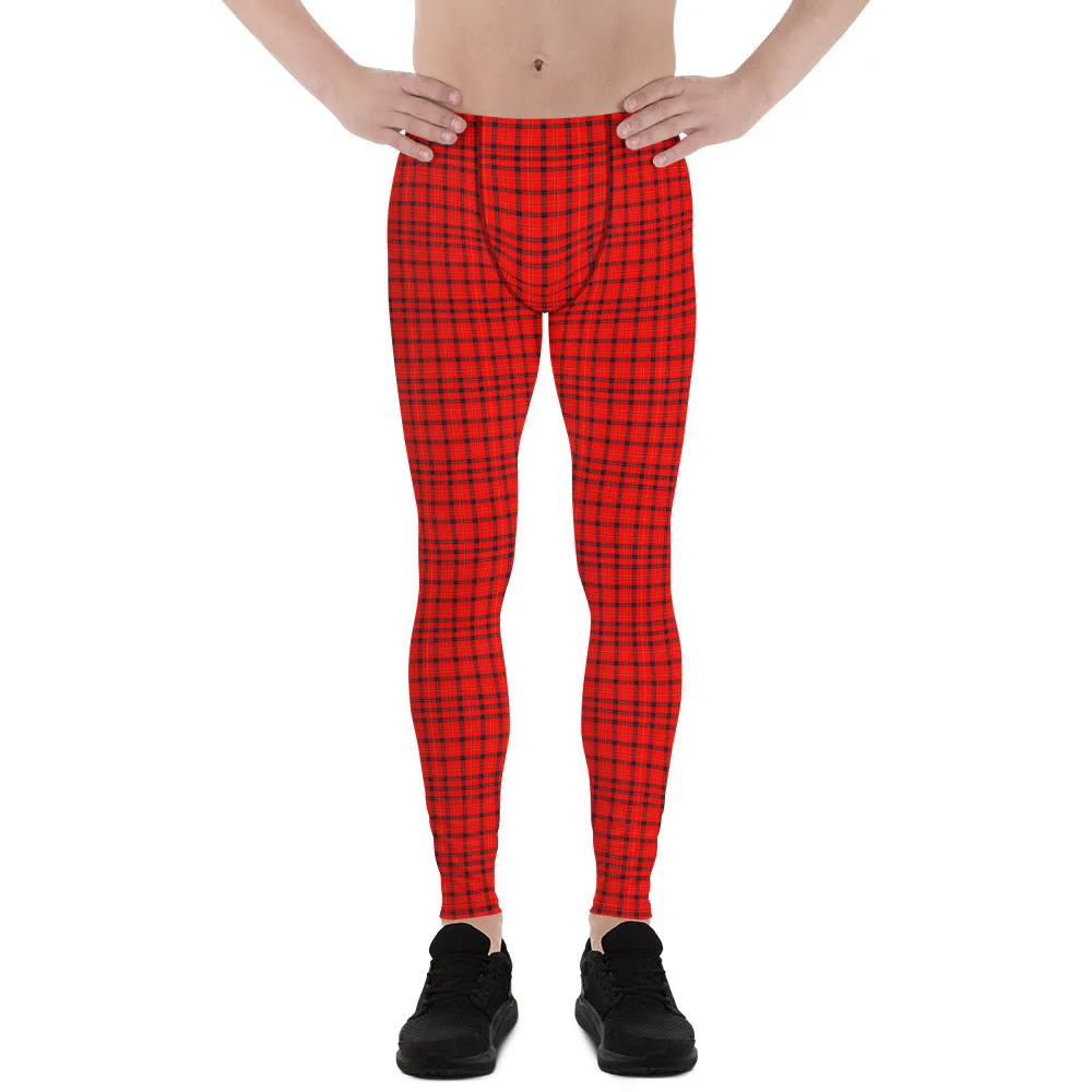 Red Plaid Men's Leggings, Tartan Print Meggings Compression Run Tights-Made in USA/EU