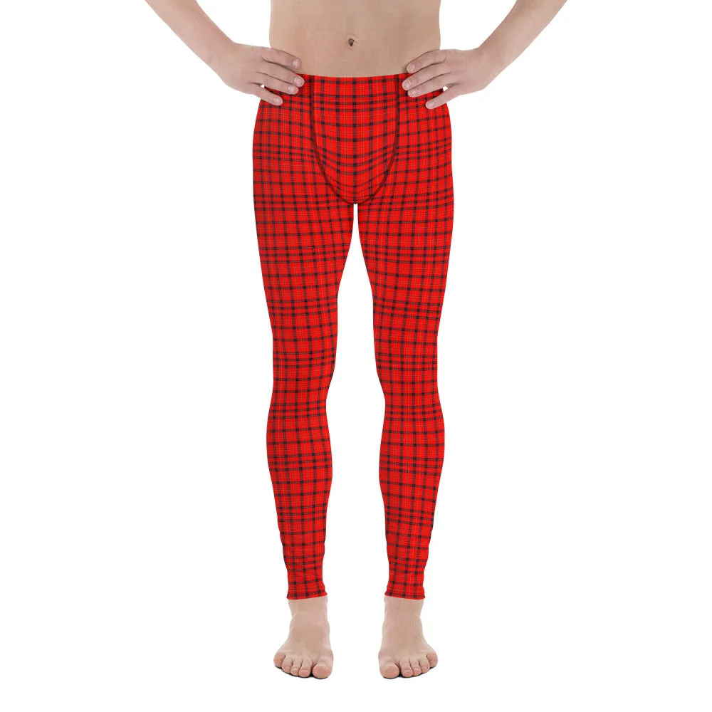 Red Plaid Men's Leggings, Tartan Print Meggings Compression Run Tights-Made in USA/EU