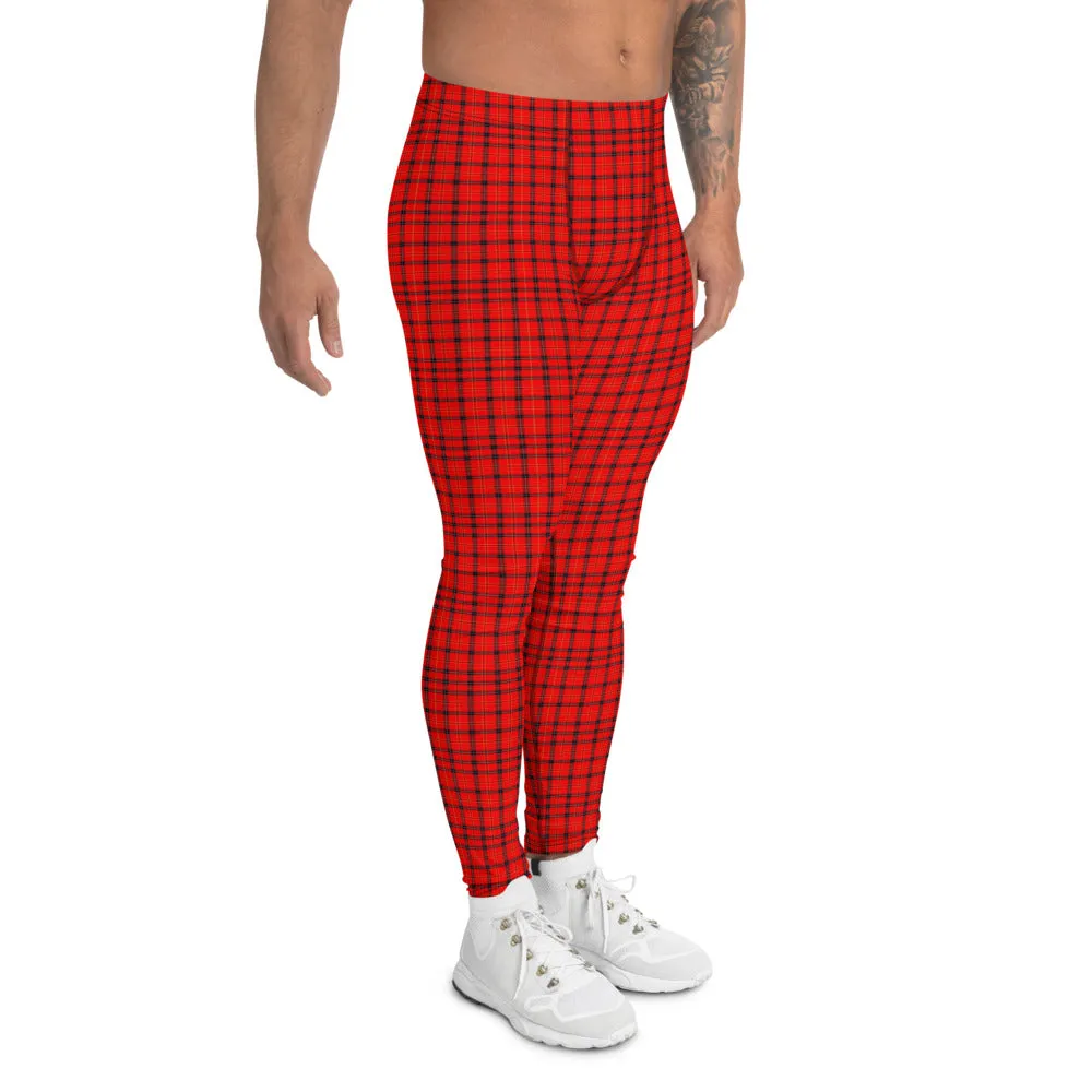 Red Plaid Men's Leggings, Tartan Print Meggings Compression Run Tights-Made in USA/EU