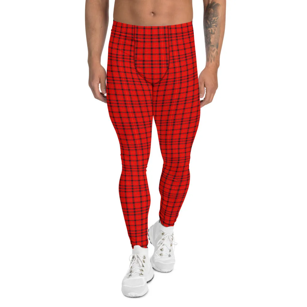 Red Plaid Men's Leggings, Tartan Print Meggings Compression Run Tights-Made in USA/EU