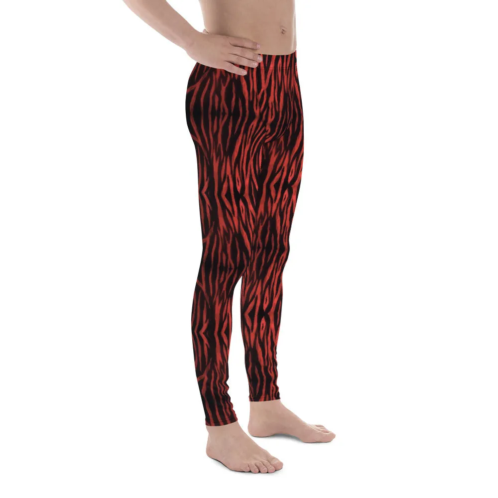 Red Tiger Striped Men's Leggings, Premium Animal Print Tiger Stripes Meggings-Made in USA/EU