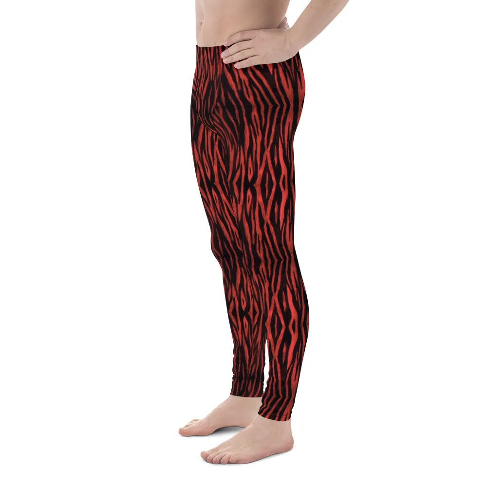 Red Tiger Striped Men's Leggings, Premium Animal Print Tiger Stripes Meggings-Made in USA/EU