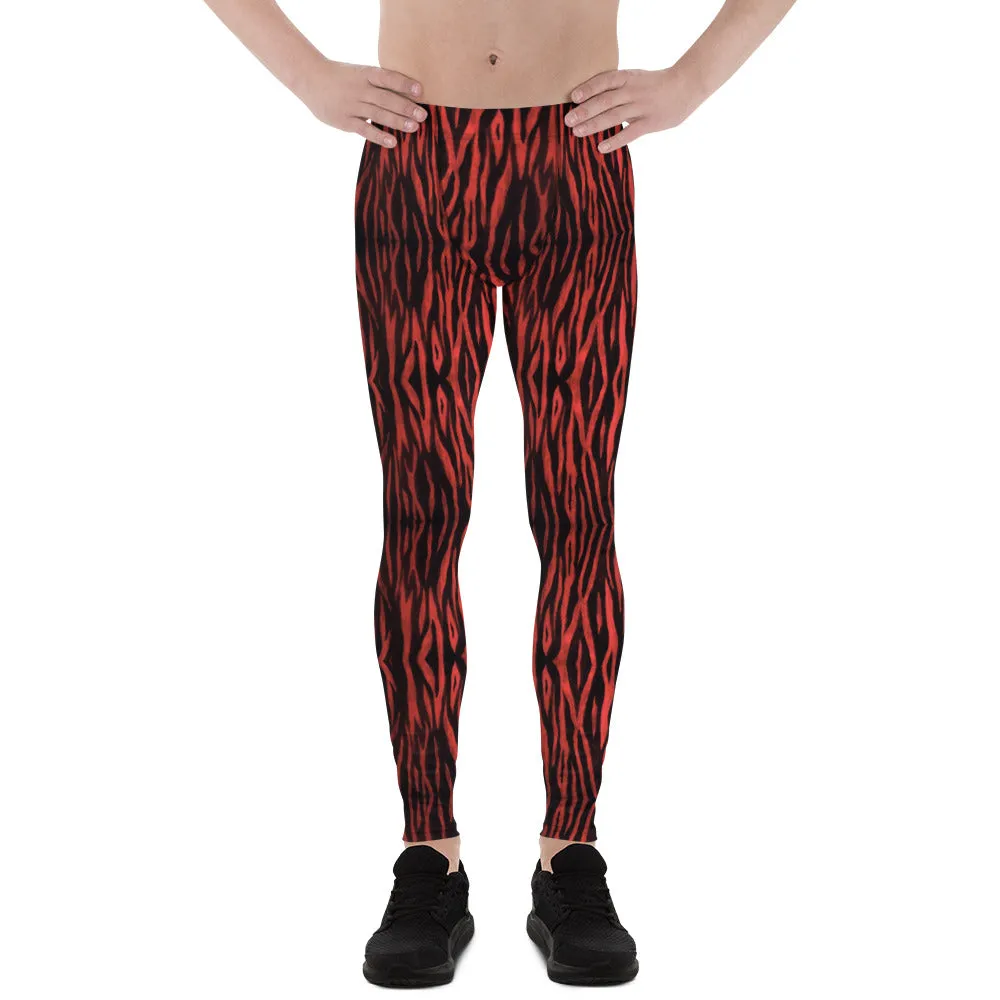 Red Tiger Striped Men's Leggings, Premium Animal Print Tiger Stripes Meggings-Made in USA/EU