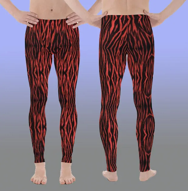 Red Tiger Striped Men's Leggings, Premium Animal Print Tiger Stripes Meggings-Made in USA/EU