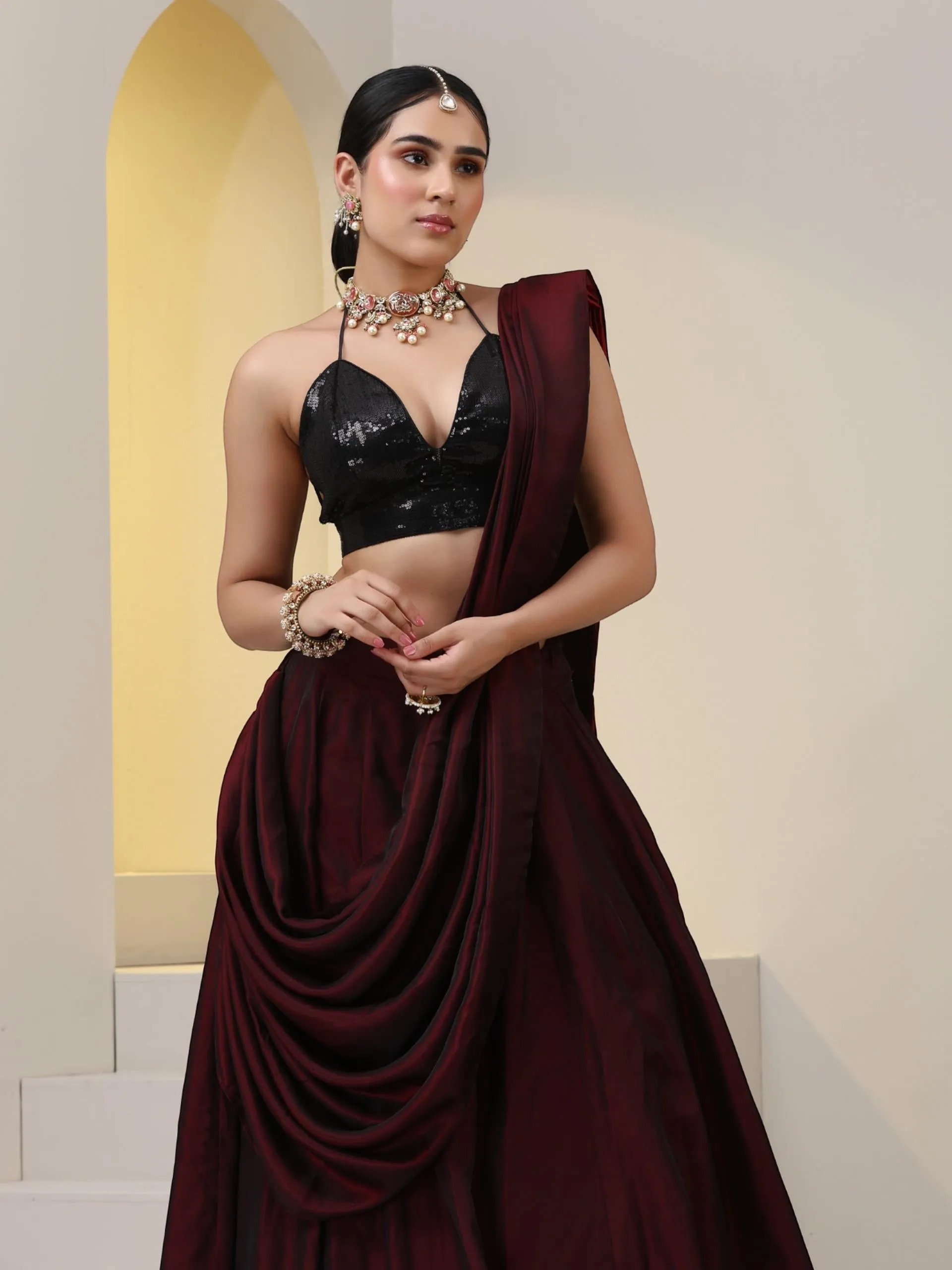 Rosewood Satin Skirt saree with Waterfall pallu and Black Sequin Blouse Fabric