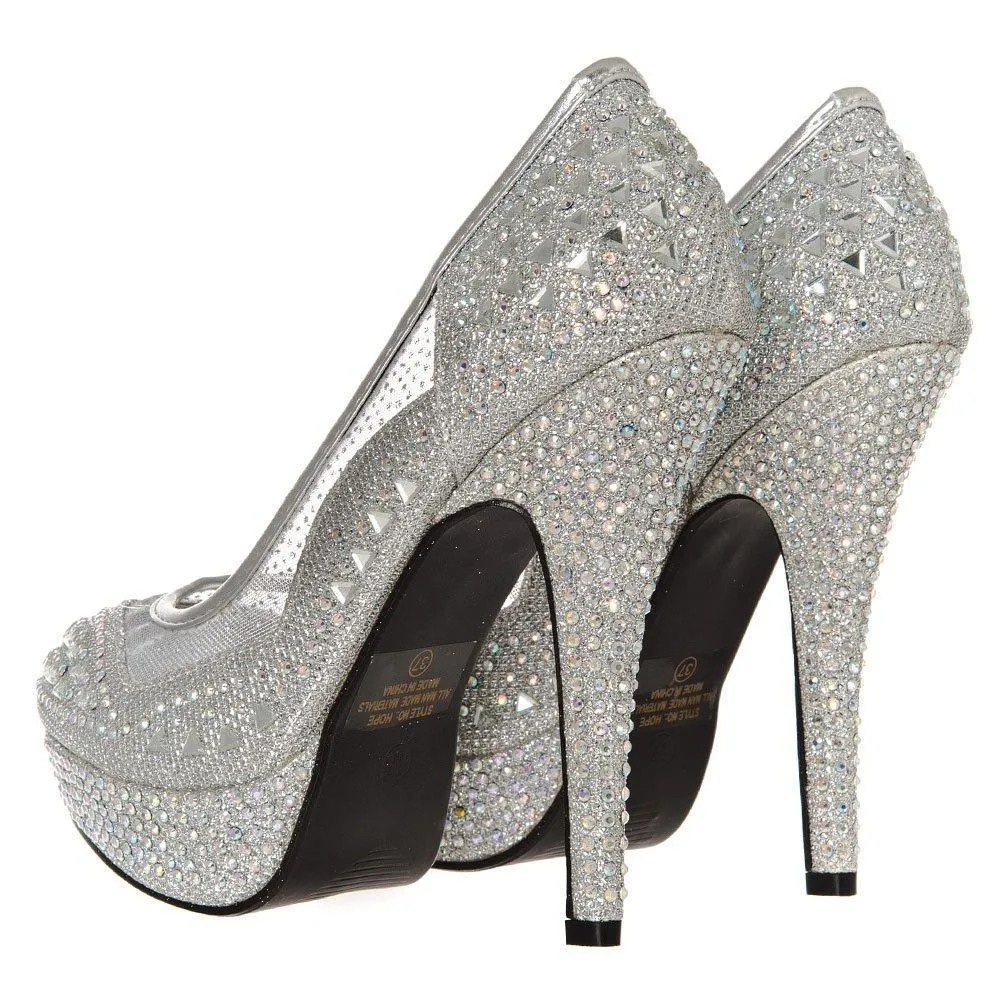 ROSEY Round Toe Platform Stiletto High Heel Diamante And Mesh Court Shoe