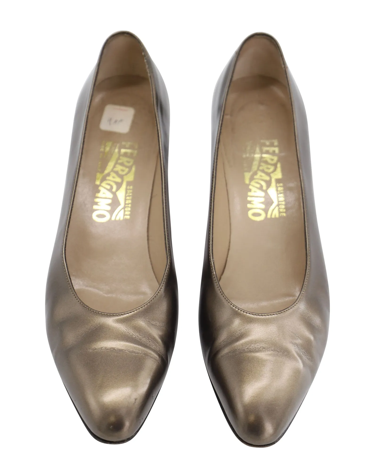 Salvatore Ferragamo Metallic Low Court Heels in Bronze Leather