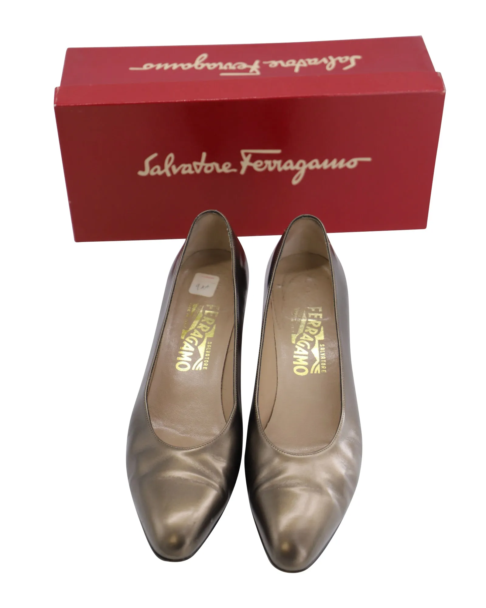 Salvatore Ferragamo Metallic Low Court Heels in Bronze Leather