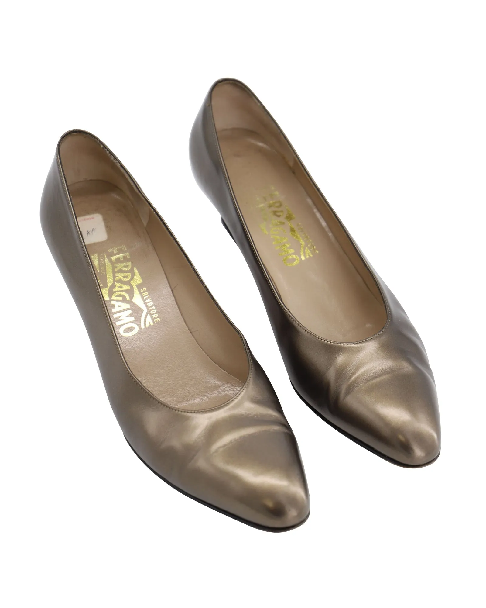 Salvatore Ferragamo Metallic Low Court Heels in Bronze Leather