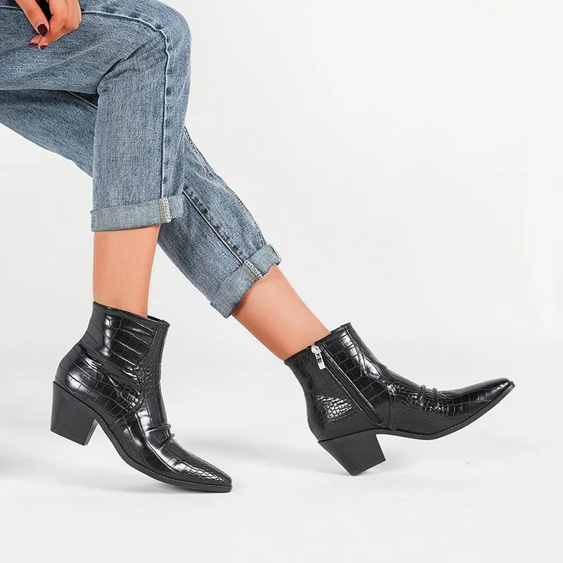 Square-Toe High-Heel Stone Pattern PU Leather Ankle Boots Side Zipper Western Boots