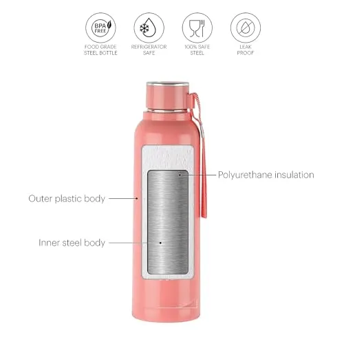 Stainless Water Bottle Leak Proof| Wide Mouth & Easy to Open Insulated Inner Steel Outer Plastic Water Bottle for Bicycle Running Cycling Gym, Leakproof Sports Water Bottles (520 :ML, Peach)