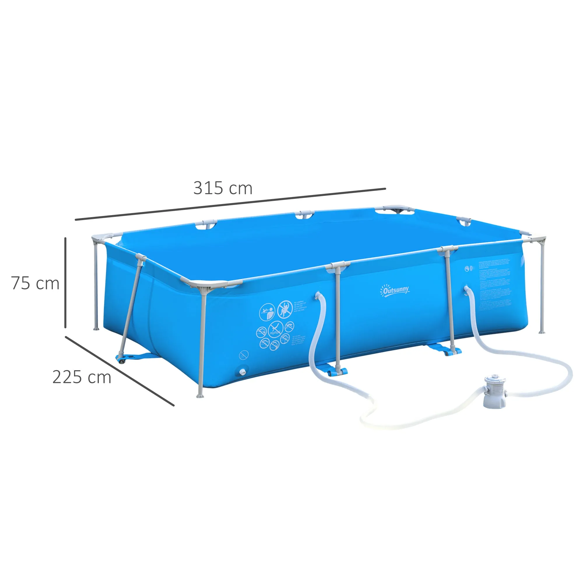 Steel Frame Pool with Filter Pump and Filter Cartridge Rust and Reinforced Sidewalls Resistant Above Ground Pool Blue 315 x 225 x 75cm by Outsunny