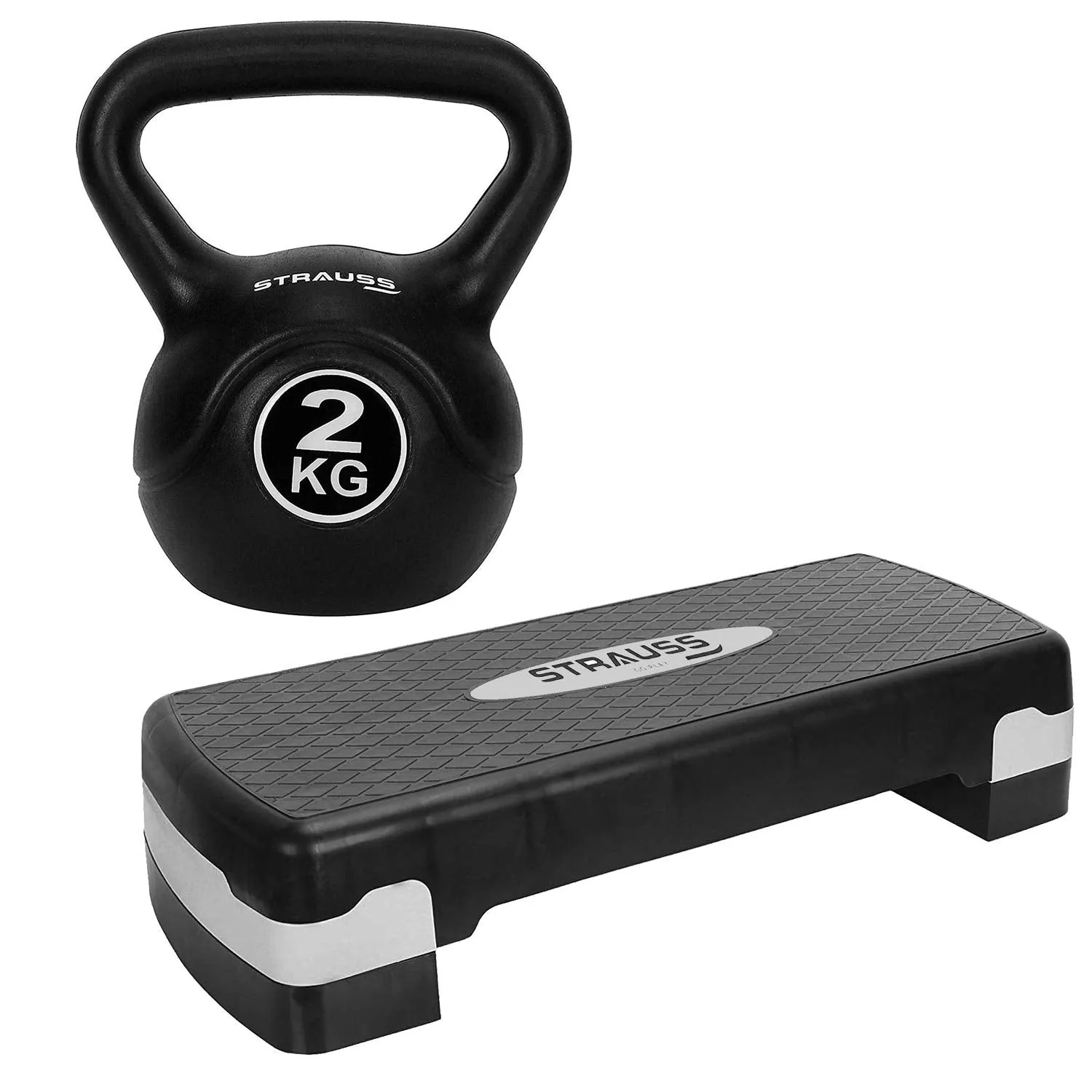 Strauss Aerobic Stepper, (Black/Grey) and Kettle Bell (Green), 2 KG