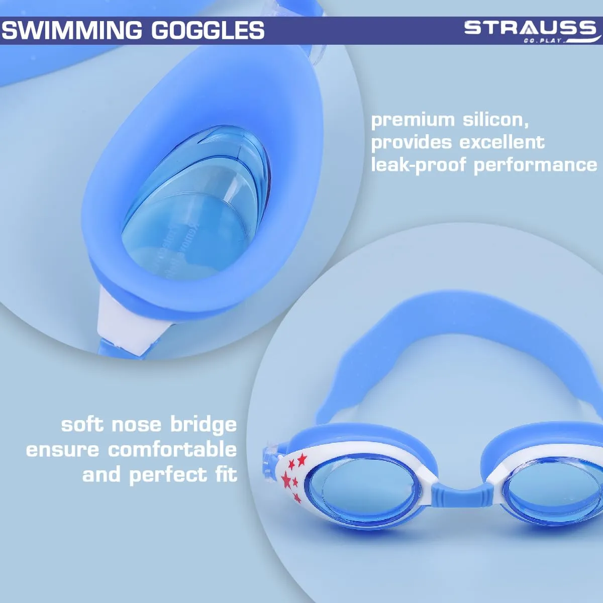 STRAUSS Swimming Goggles | Anti Fog & UV Protection | Swimming Goggles for Kids, Adults | Fully Adjustable Swimming Goggles With A Case Cover,(Blue/White)