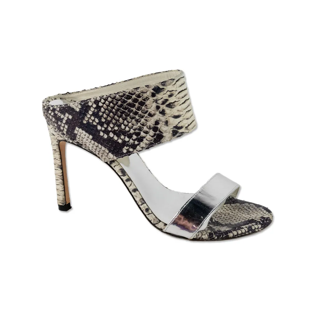 Stuart Weitzman Snake Print and Silver Open Toe Heeled Sandals