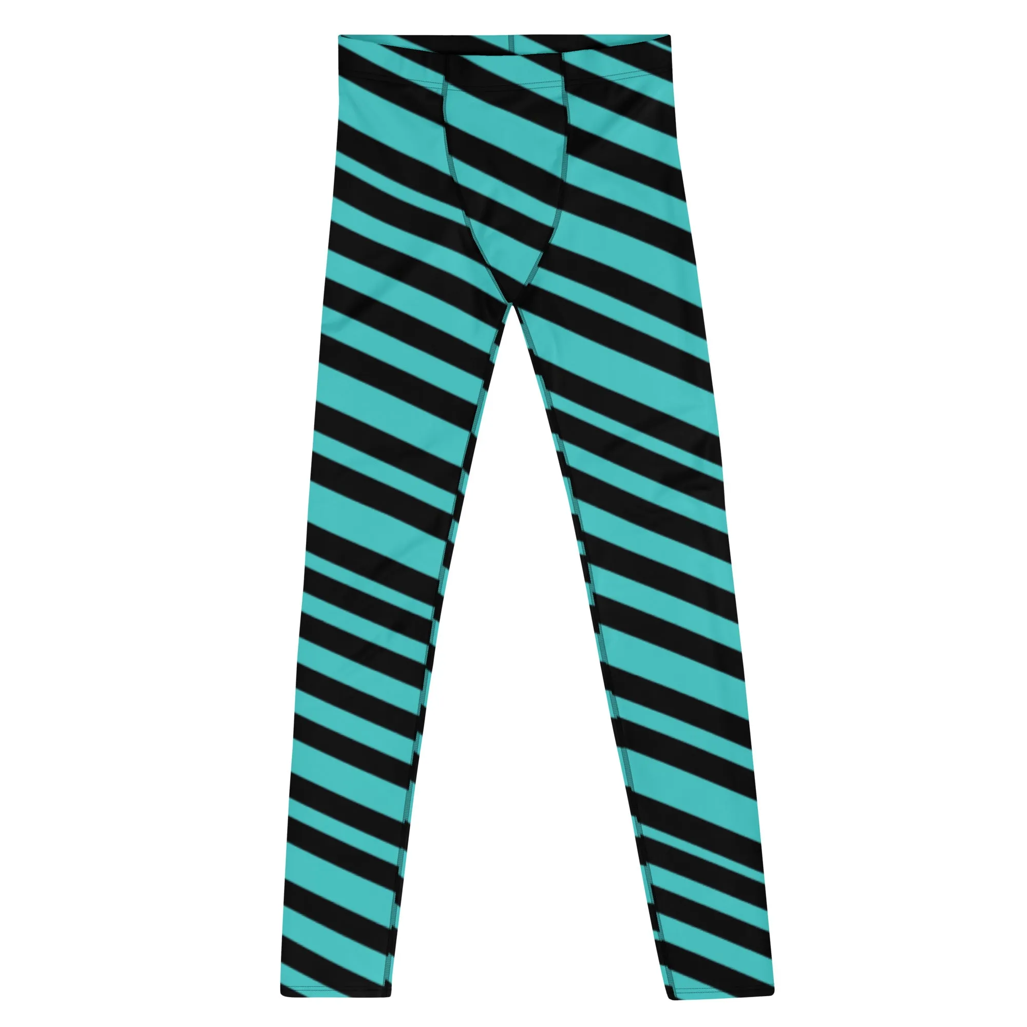 Turquoise Blue Striped Men's Leggings, Diagonally Striped Colorful Modern Premium Tights For Men