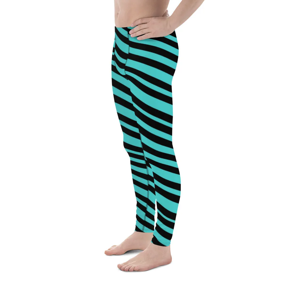 Turquoise Blue Striped Men's Leggings, Diagonally Striped Colorful Modern Premium Tights For Men