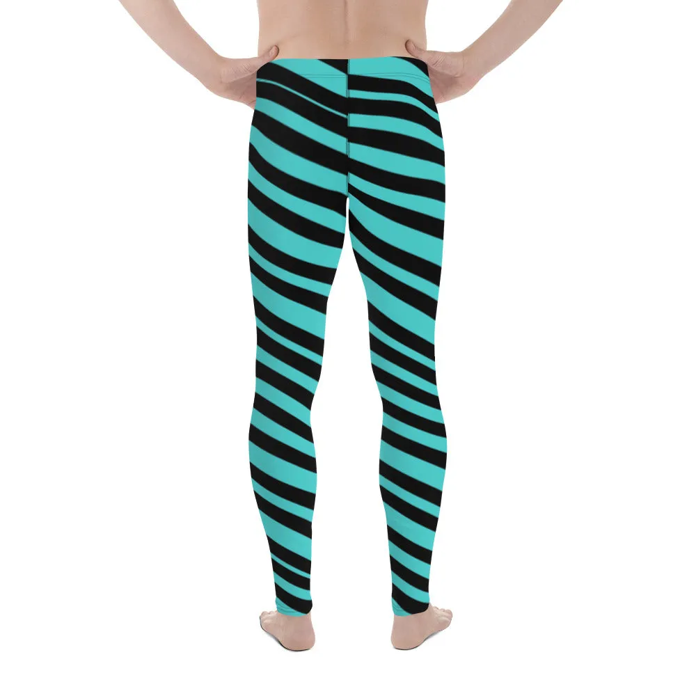 Turquoise Blue Striped Men's Leggings, Diagonally Striped Colorful Modern Premium Tights For Men