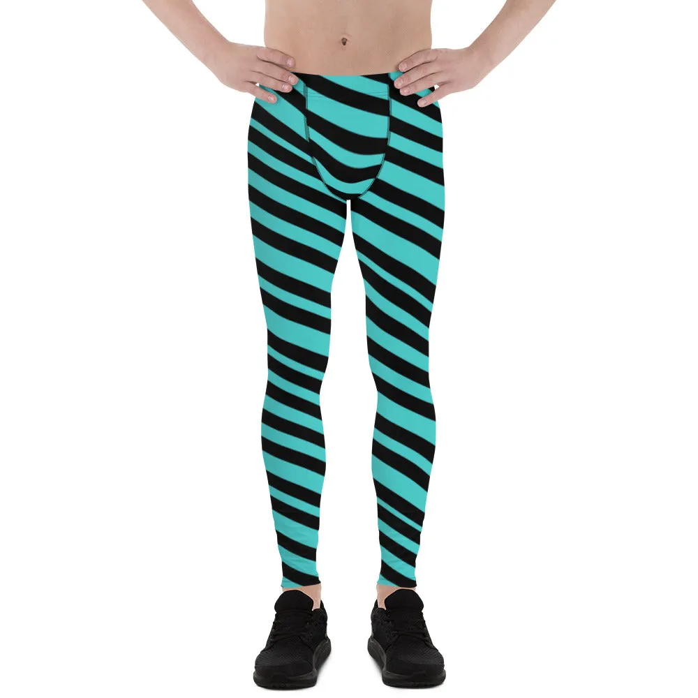 Turquoise Blue Striped Men's Leggings, Diagonally Striped Colorful Modern Premium Tights For Men