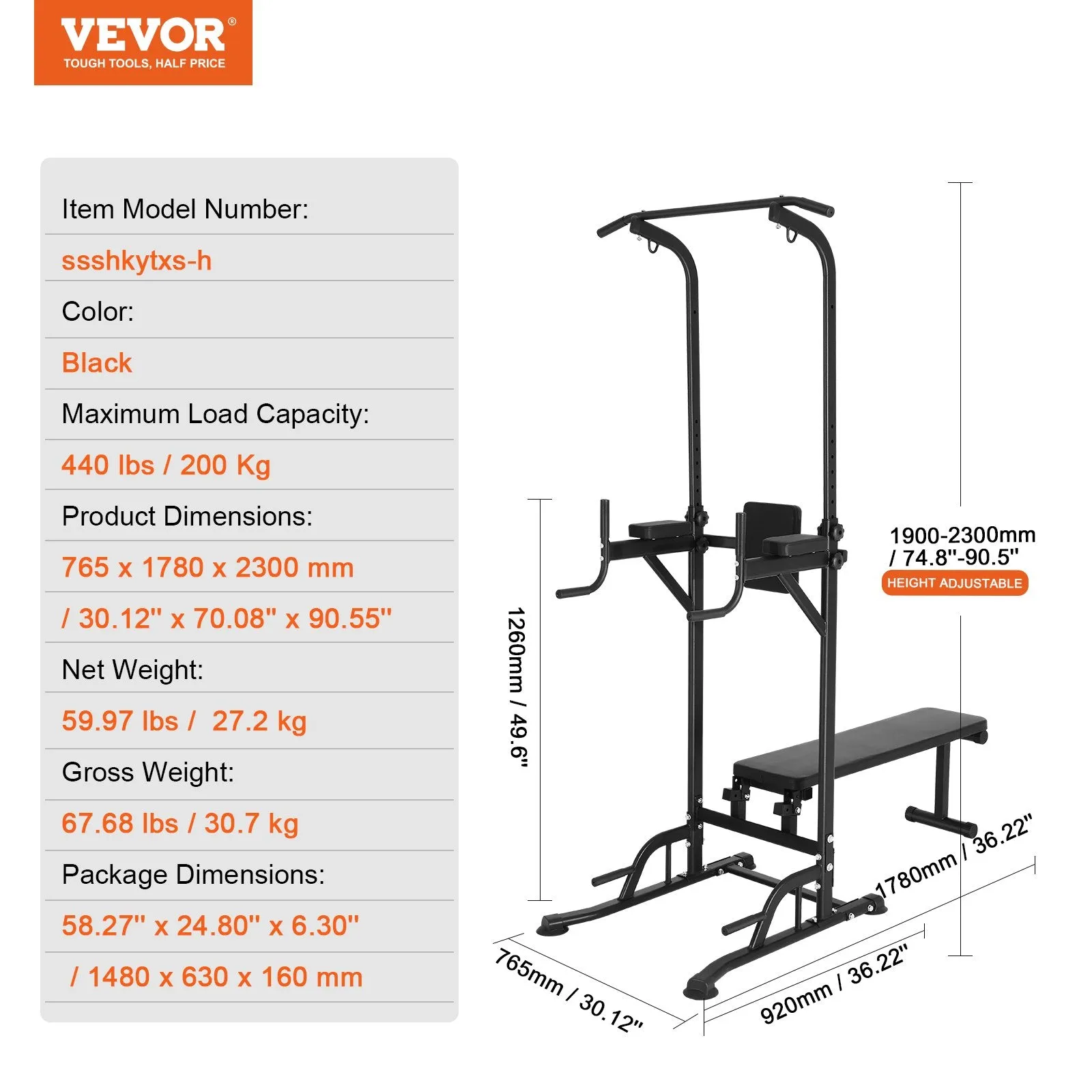 Vevor Power Tower 440 Lbs Capacity Height Adjustable Pull Up Bar with Dip Station and Bench New