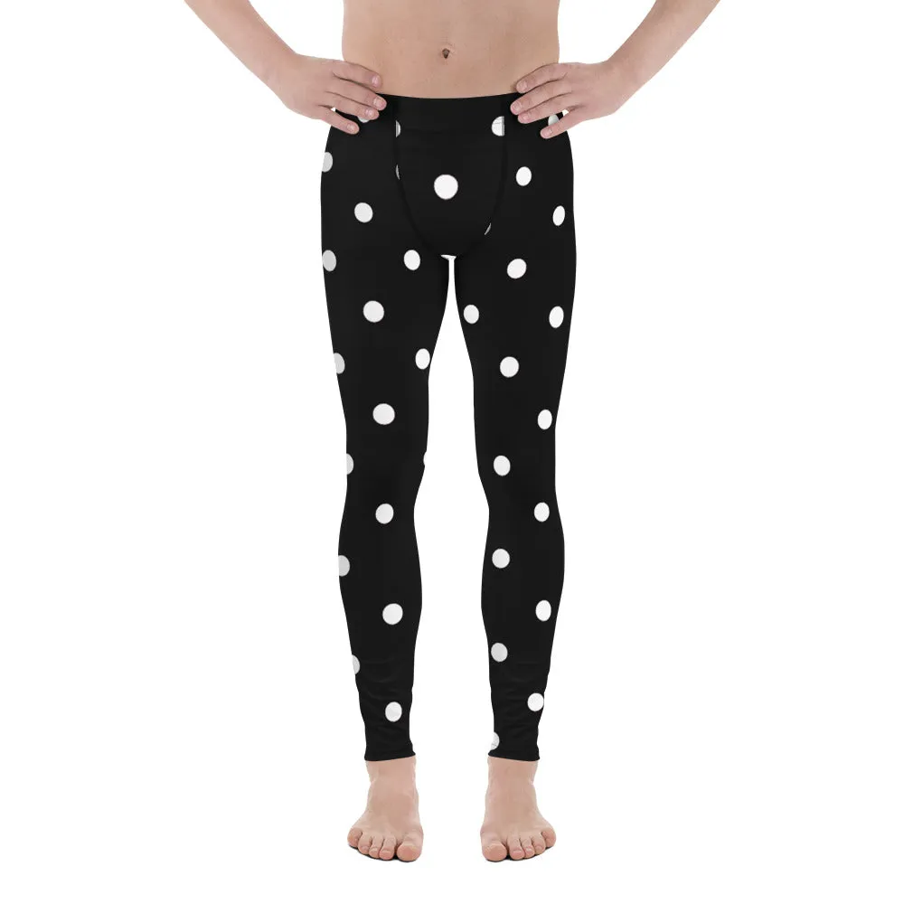 White Polka Dots Print Meggings, Premium Men's Leggings Pants With Dots -Made in USA/EU