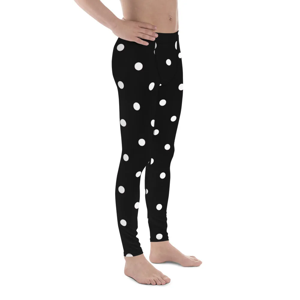 White Polka Dots Print Meggings, Premium Men's Leggings Pants With Dots -Made in USA/EU