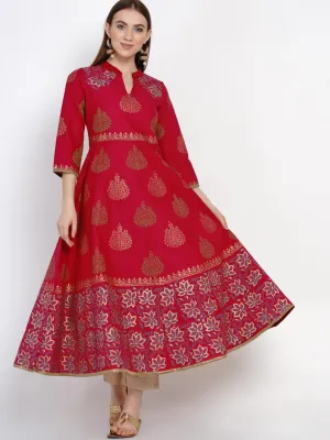 Women Festive Red Ajrakh Hand Block Cotton Printed Anarkali - Inayat