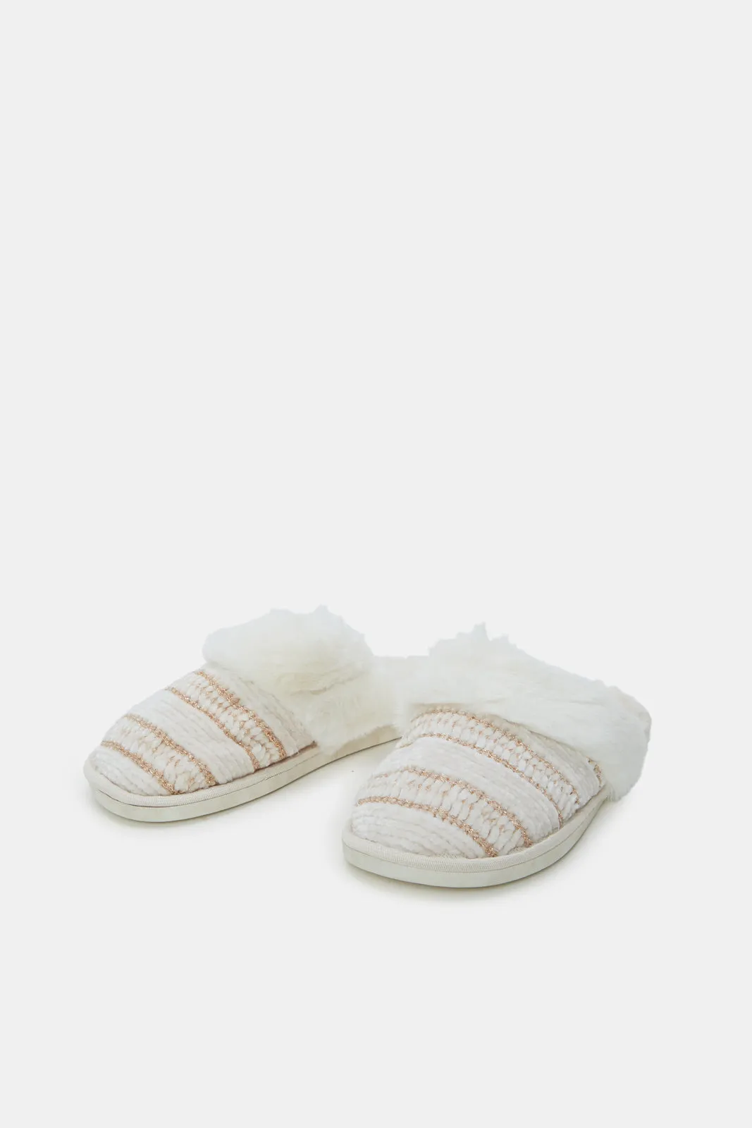 Women Ivory Chenille Fur Trim Slipper