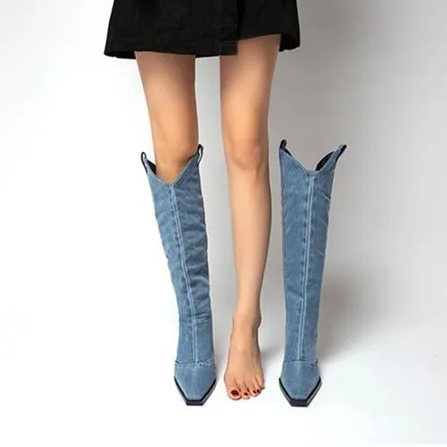 Women square toed chunky high heel denim knee high boots