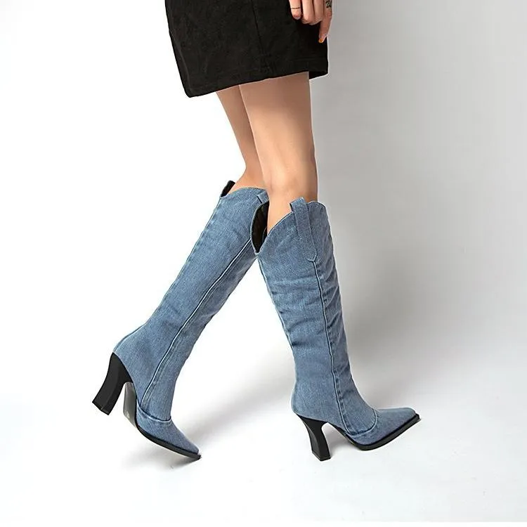 Women square toed chunky high heel denim knee high boots