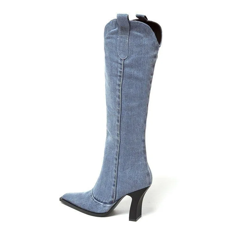 Women square toed chunky high heel denim knee high boots