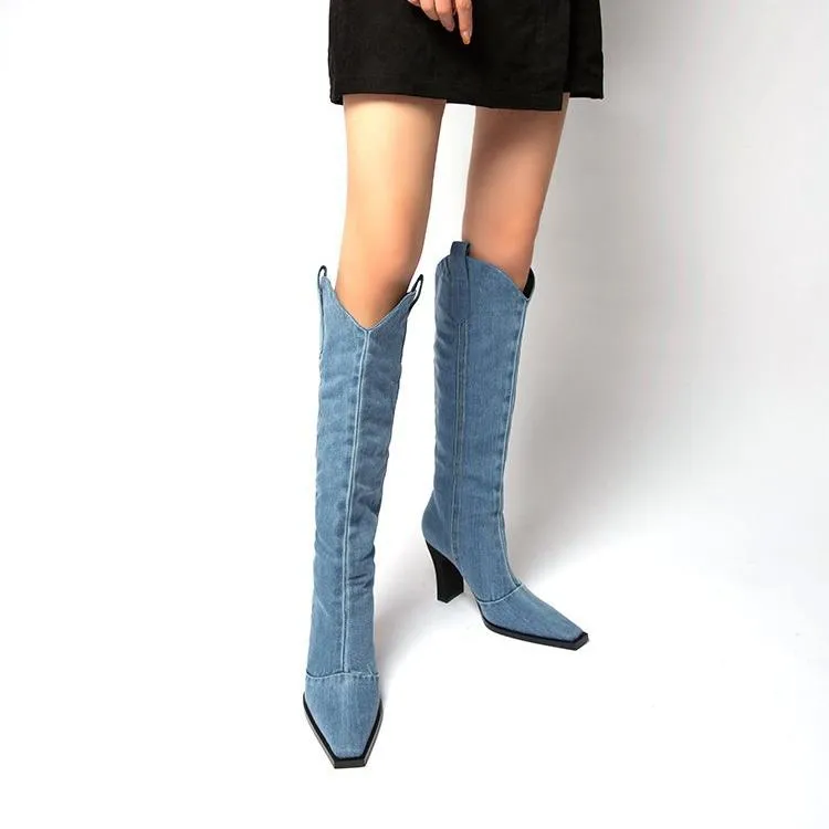 Women square toed chunky high heel denim knee high boots