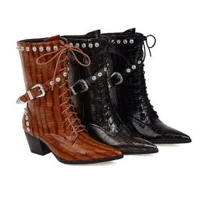 Women's
 Crocodile Pattern Pointed Toe Buckles Belts Rivets Block Heel Mid Calf Boots