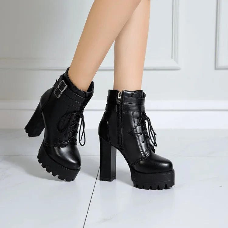 Women's Pu Leather Almond Toe Lace Up Buckle Straps Block Chunky Heel Platform Ankle Boots